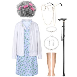Ficlwigkis 10 Pcs Old Lady Costume for Girls Kids,100 Days of School Costume for Girls Grandma Costume with Wig Cardigan (Blue, XL)