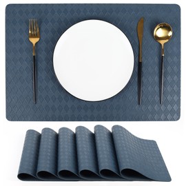 DEERYARD Blue Diamond-Embossed Faux Leather Placemats Set of 6 – Heat Resistant, Waterproof & Non-Slip