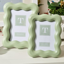 Two's Company Wavy Wood Photo Frames, Sage Green, Set of 2