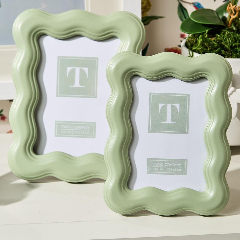 Two's Company Wavy Wood Photo Frames, Sage Green, Set of