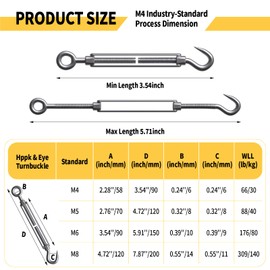 RiaYer 10 Pack Stainless Steel M4 Hook and Eye Turnbuckle, Heavy Duty Wire Rope Tensioner, Adjustable Hardware Kit for DIY String Light and Picture Hanging, Shade Sail, Cable Tightening