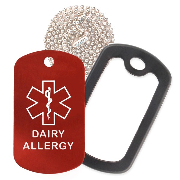 Dairy Allergy Medical Alert ID Necklace with Red Tag, Black Silencer, and 30'' USA Chain - 154 Color Choices