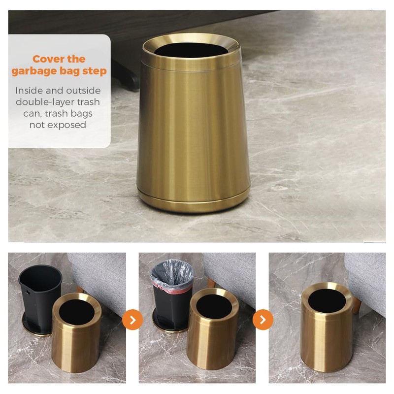LEASYLIFE 10L/2.6GAL Brushed Gold Trash Can,Stainless Steel Trash Can,Conical Garbage