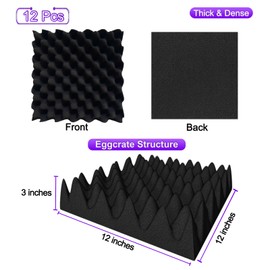 TroyStudio Thick Acoustic Foam Panels, 12 X 12 X 3 Inch 12 Pcs Broadband Sound Absorbing Foam, Dense Soundproof Padding Tile, Recording Studio Foam Absorber, Eggcrate Decorative 3D Wall Ceiling Panel