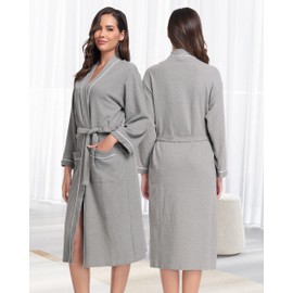Sopesil Women Waffle Dressing Gowns, Cotton Kimono Robes Soft Luxury Bathrobe Loungewear Sleepwear Spa and Hotel for All Year A-Grey,M