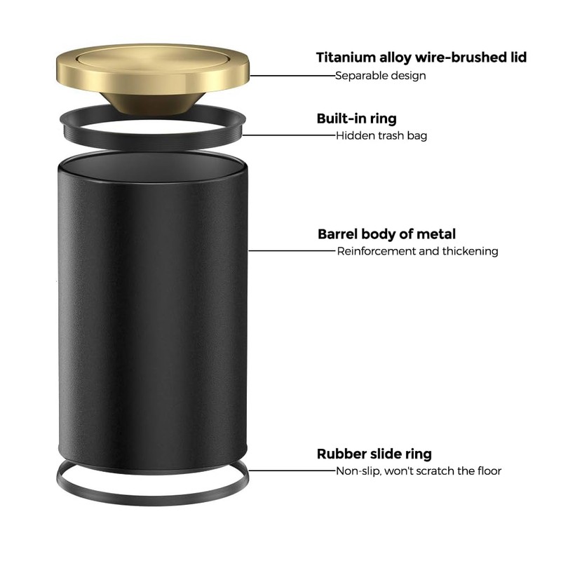 LEASYLIFE 9L/2.4GAL Black Bathroom Trash Can,Gold Small Trash Can with