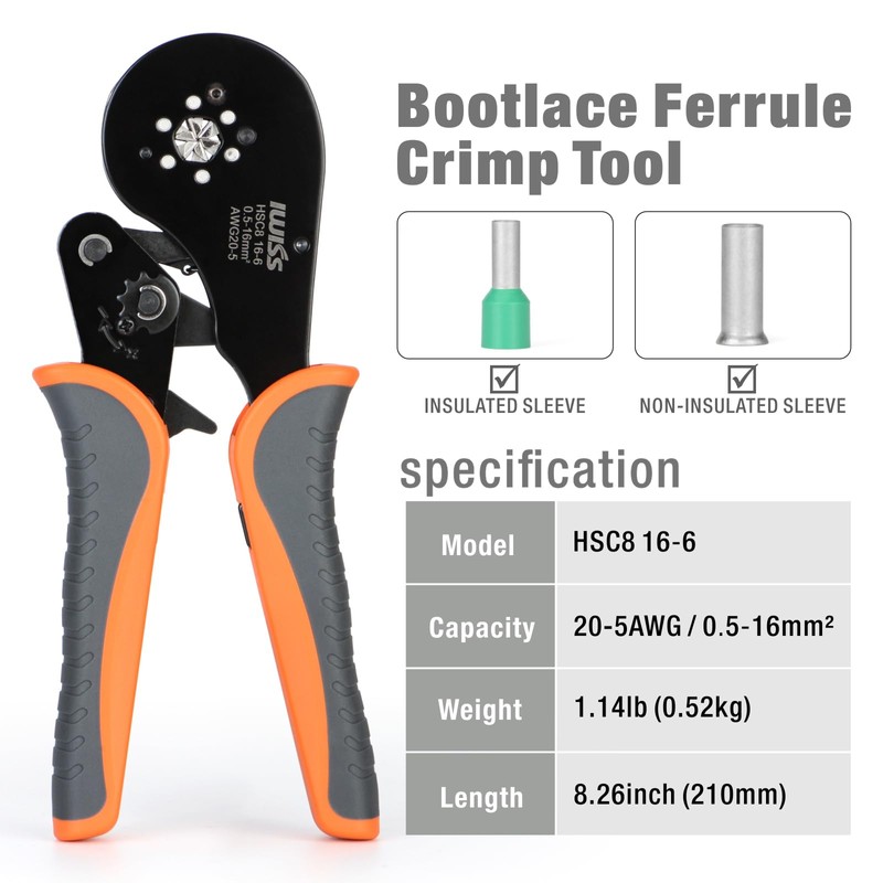 iCrimp Self-adjustable Crimping Tools Plier for AWG20-5 Bootlace End-sleeves Ferrule,