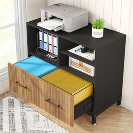 Tribesigns Lateral File Cabinet with Drawer, Filing Cabinet with Adjustable Hanging Rod for Letter/A4 Size Files, 35.4" Wood Modern Printer Stand with Open Storage Spaces for Home Office, Brown