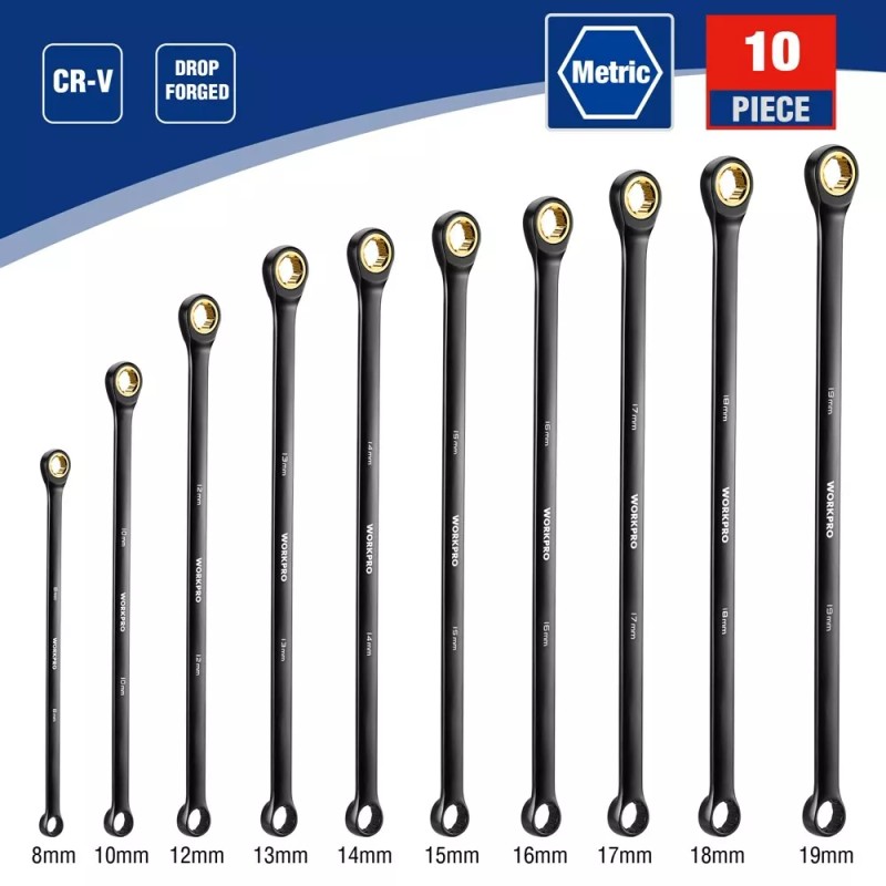 WORKPRO 10PC Extra Long Ratcheting Wrench Set 8-19mm Combination Metric