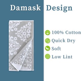 Gray Wash Cloths, Jacquard Washcloths 6 Pack 13"x13" - 100% Cotton | Quick Dry | Thick | Soft | Absorb, Luxury Face Towels for Bathroom & Showering, Jacquard Washcloth Set, Grey + White Damask Pattern