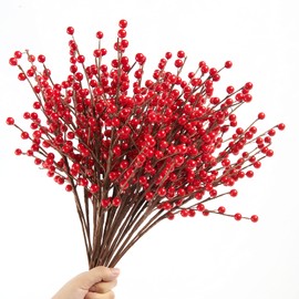 joyhalo 12 Pack Red Berry Stems - 17'' Holly Berry Stems, Red Berries Christmas Decor, Red Berry Picks for Christmas Tree Filler Branches, Artificial Cranberries Ornaments Crafts Holiday Home Decor