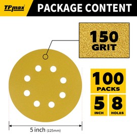 Pack of 100 125 mm 8 Hole Sanding Discs 150 Grit - Premium Gold Round Velcro Sandpaper for Random Orbital Sanders - Ideal for Wood, Metal, Automotive