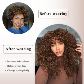 Lizzy Brown Highlight Curly Wig with Fringe for Black Women, Long Curly Human Hair, Glueless Wig for Daily Use, Realistic Look with Real Hairline