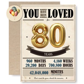 MOSSSH 80th Retro Birthday Greeting Cards, Golden 80 Birthday Card, Envelope and Sticker