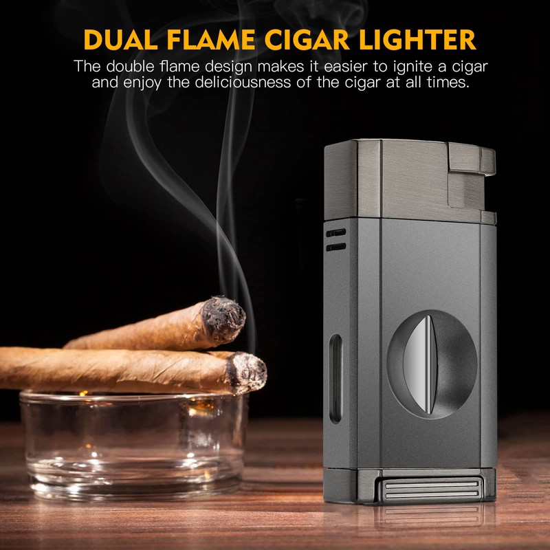 FANKAI Torch Lighter with Cigar V Cutter, Double Jet Flame
