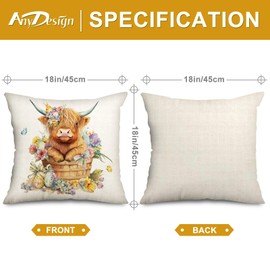 Generic AnyDesign Easter Pillow Covers 18 x 18in Watercolor Highland Cow Flowers Throw Pillow Case Seasonal Cute Cow Cushion Cover for Spring Home Sofa Bedroom Decor, Set of 2, AD3891