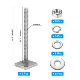 PATIKIL T Slot Bolts M6 x 65mm, 8 Set Square Head T Bolts Roof Rack Stainless Steel T Track Bolts with Nut Washers for Bike Ski Kayak Rack