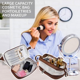 Sprfragrance - Elegante bolsa de maquillaje organizadora de viaje para mujer, bolsa de cosméticos para artículos de cambiador y maquillaje, bolsa de cosméticos de piel impermeable, ajuste perfecto para el hogar o sobre la marcha, C-White/Brown, 9.8*5.1*4