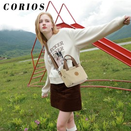 CORIOS Canvas Handbag Women's Shoulder Bag Lightweight Shoulder Bag Medium Capacity Tote Bag Carry Bag with Multiple Pockets Casual Handbag for Travel Work Shopper Everyday, khaki, L, 风格