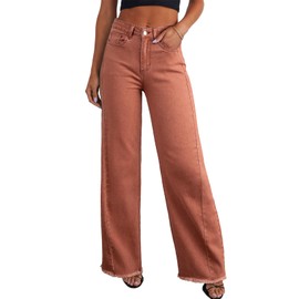 Sidefeel Women's Wide Leg Jeans High Waisted Stretchy Raw Hem Denim Pants Size 18 Mineral Red