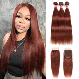 Straight Bundles With Closure Human Hair 10A Reddish Brown Human Hair Bundles With 4x4 Lace Closure 16 18 20+16inch Free Part Brazilian Remy Human Hair Weave 3 Bundles Human Hair With Closure