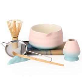 VONAHAST Matcha Bowl and Whisk Set - 7-Piece Kit Bamboo Matcha Whisk (Chasen), Ceramic Chawan, Sifter & Holder - All-in-One Matcha Making Kit Pink Blue