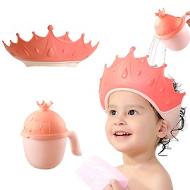 Baby Shower Cap for Kids with Bath Rinse Cup, KAMHBE Adjustable Crown Hair Washing Shampoo Shield Baby Visor Bathing Accessories for Eyes, Ears and Face (Red)