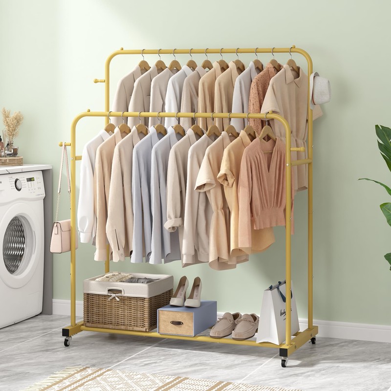 Laiensia Double Rods Garment Rack with Wheels, Clothing Rack for