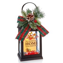 Christmas Warm White LED Light Up Metal Lantern 22.5cm Tall on Timer - All Roads Lead Home for Christmas