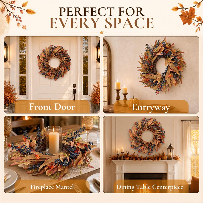 24" Fall Wreaths for Front Door, Fall Wreaths with Eucalyptus