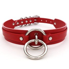 lalatia Women's O Ring Faux Leather Choker Necklace in Large Sizes (Red Silver), Faux Leather