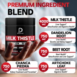 7000mg Milk Thistle Capsules - 5in1 with Dandelion, Beet Root, Artichoke & Chanca Piedra - Support Body, Digestive & Immune System - 90 Capsules for 45 Servings