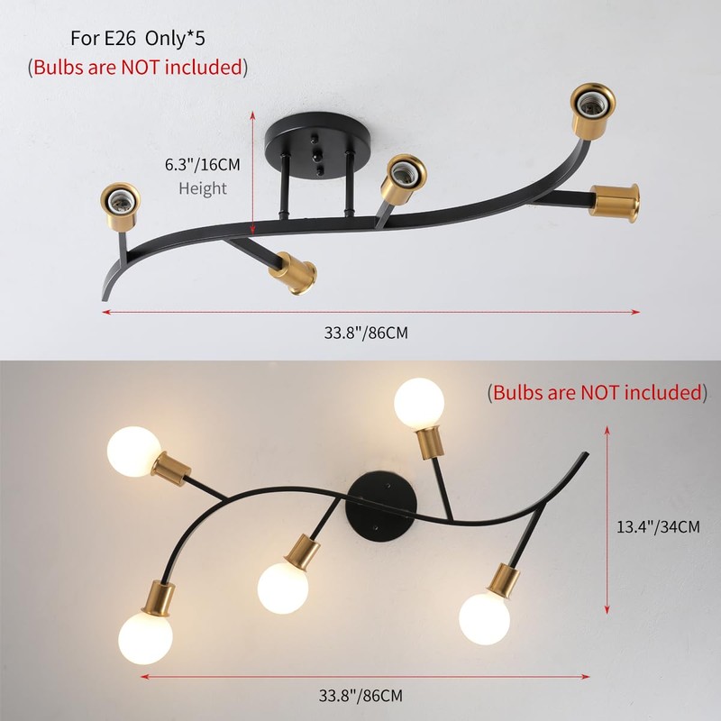 Salburyao Black and Gold Modern Sputnik Ceiling Light Fixture 5-Lights,Mid