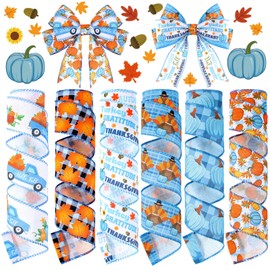 Wavyknot 6 Rolls Blue Fall Pumpkin Wired Ribbons 2 Inch x 30 Yards Thanksgiving Pumpkin Turkey Maple Leaf Ribbon Autumn Harvest Crafts for Wreaths Bow Making Supplies Gifts Wrapping Decoration