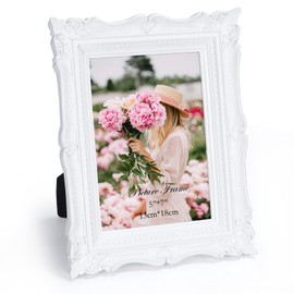 PHAREGE 5x7 White Vintage Picture Frame, 5 by 7 Ornate Antique Picture Frame for Wedding, Retro Photo Frame Displays Horizontally or Vertically On Tabletop