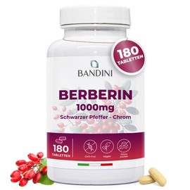 Bandini Berberine 1000 mg Pure High Dose | 180 Vegan Tablets - Berberine HCl from Berberis Aristata 97% + Chrome and Black Pepper | Maximum Absorption - Digestion, Liver, Intestinal Function