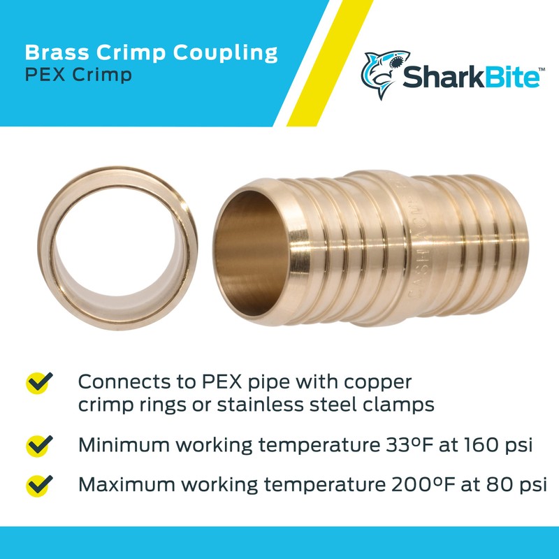 SharkBite 1-1/2 Inch Brass Crimp Coupling, PEX Pipe, PE-RT, UC0141