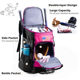 VIGEGARI Baseball Bag Softball Bat Bag, Double-layer Baseball Backpack Adult with Gear Klip To Hold Baseball Glove, Baseball Essential Gear, Youth Baseball Bag for Boys, Girls, Baseball Accessories