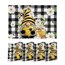 Artoid Mode Gnome Bees Flowers Summer Vinyl Placemats Set of 4, 12x18 Inch Wipeable Woven PVC Spring Place Mats for Farmhouse Holiday Party Kitchen Dining Decor,