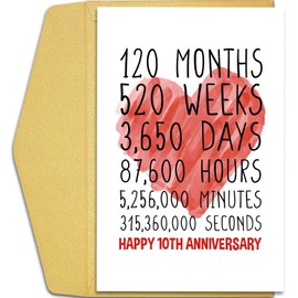 Qiliji Happy 10th Anniversary Card for Him Her, Tenth Wedding Anniversary Card for Husband Wife, Funny 10 Year Together Anniversary Greeting Card