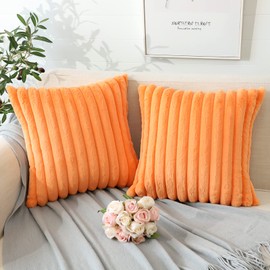 Soleebee Set of 2 Throw Pillow Covers Soft Cozy Velvet Pillowcase Faux Rabbit Fur Cover for Couch Sofa Bed Chair Home Decorative Pillows Cover (20x20 Inch, Orange)