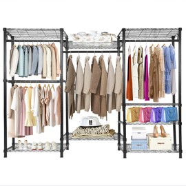 Whitmor Portable Wardrobe Closet Heavy Duty Clothes Rack System, Freestanding Closet Organizers and Storage Rack for Hanging Clothes, 85.4" L x 16" W x 76" H, 4 Hang Rods, 8 Shelves,Black