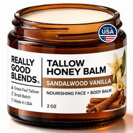 Really Good Blends - Tallow Honey Balm, Organic Body Butter, Grass-Fed Beef Tallow for Skin, Soothing All-Natural Moisturizer for Body and Face | Made in USA - 2 oz (Sandalwood Vanilla)