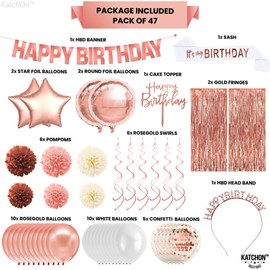 KatchOn, Rose Gold Birthday Decorations Set - Pack of 47 | Rose Gold Fringe Curtain, Happy Birthday Decorations Rose Gold Balloons | Happy Birthday Banner, Rose Gold Birthday Decorations for Women