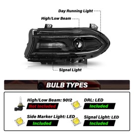 Bingbingmotor Halogen Headlights Assembly Compatible with Dodge Charger 2015-2023 Headlamp with Dual LED Bar DRL Pair Right Passenger Side RH