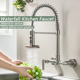 LUOGULIANG Wall Mount Kitchen Faucet, Wall Mounted 8 Inches Center Waterfall Kitchen Faucet with 3 Function Pull Down Sprayer, Brushed Nickel