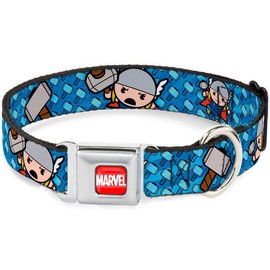 Buckle-Down Seatbelt Buckle Dog Collar - Kawaii Thor Poses/Hammer Monogram Blues