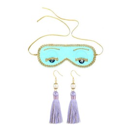Utopiat Audrey Style Sleep Mask and Earrings Set | Silk Blue Eye Mask | Elegant Purple Tassel Dangle Earrings | Sleep Accessory Set for Sleep costume