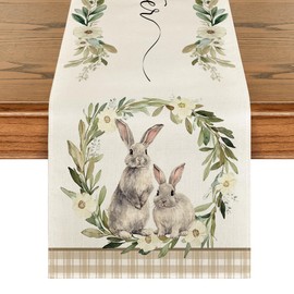 Artoid Mode Buffalo Plaid Bunny Rabbit Wild Flowers Easter Table Runner, Seasonal Kitchen Dining Table Decoration for Home Party Decor 13x60 Inch