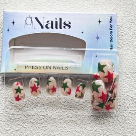 Christmas Press on Nails Short Almond Fake Nails Red Green Star False Nails with Design Silver Glitter Glue on Nails Glossy Acrylic Nail Full Cover Nude Stick on Nails for Women Girls Manicure 24Pcs